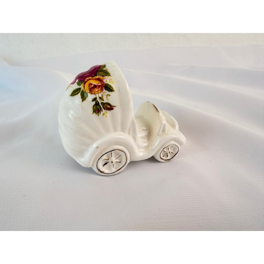 Vintage Genuine Bone China Baby Carriage Figurine Floral Rose Gold Trim Taiwan